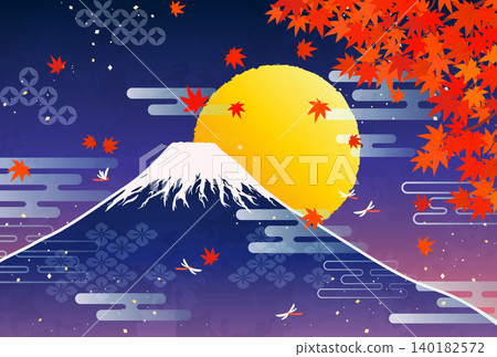 Illustration of autumn leaves, Mt. Fuji, and a full moon (2_horizontal) Illustration of autumn leaves, Mt. Fuji, and a full moon (2_horizontal) 140182572