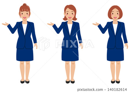 [全身] 一位身穿T恤和海軍藍裙裝的年輕女子說：“這邊走。” 140182614