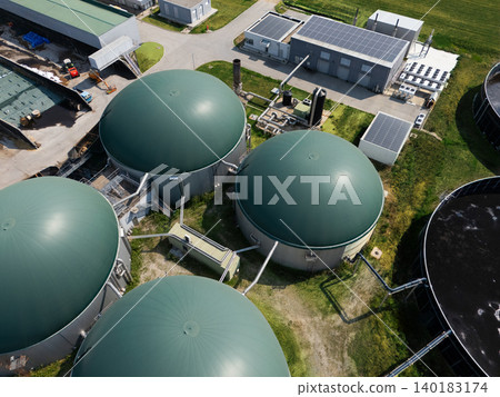 Aerial view of biogas plant for biomethane production Aerial view of biogas plant for biomethane production 140183174