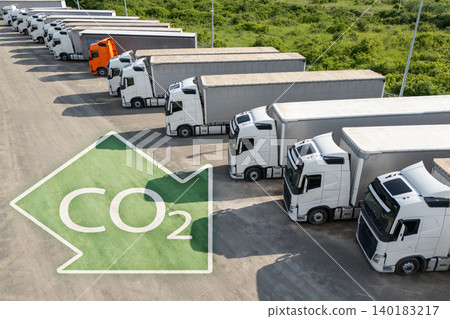 Fleet of trucks with CO2 emission reduction symbol. Decarbonization and carbon neutrality concept Fleet of trucks with CO2 emission reduction symbol. Decarbonization and carbon neutrality concept 140183217