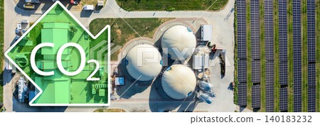 Aerial view of biogas plant for biomethane production. Aerial view of biogas plant for biomethane production. 140183232