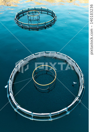 Aerial view of a fish farm with floating cages arranged on the water surface. Modern aquaculture and sustainable seafood production. Aerial view of a fish farm with floating cages arranged on the water surface. Modern aquaculture and sustainable seafood production. 140183236