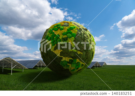 Green planet Earth with solar panels. Symbol of sustainable development and renewable energy. 140183251