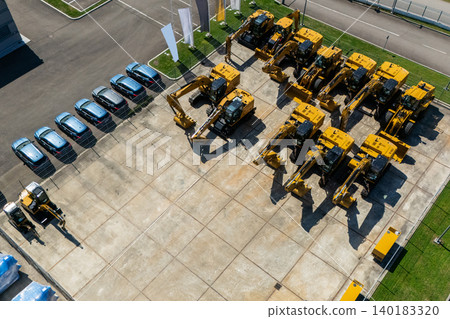 construction machinery distribution and service center. Aerial view construction machinery distribution and service center. Aerial view 140183320
