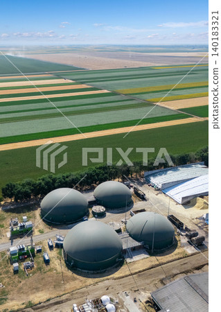 Aerial view of biogas plant for biomethane production. Aerial view of biogas plant for biomethane production. 140183321