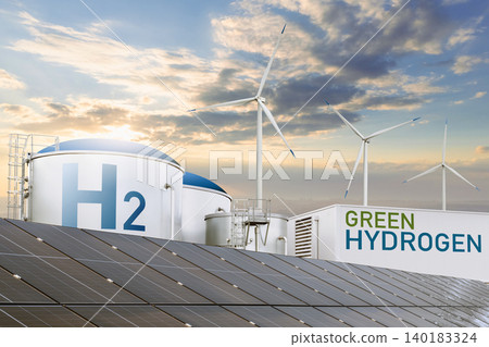 Green hydrogen factory concept. Hydrogen production from renewable energy sources. 140183324