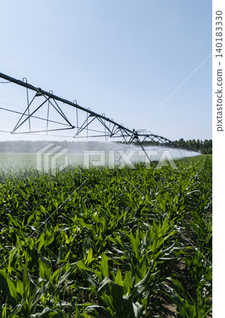 Agricultural pivot irrigation system on a corn field. 140183330
