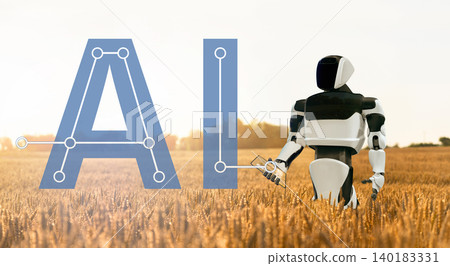 Autonomous robot with Artificial intellingence works on an agricultural field. Smart farming concept Autonomous robot with Artificial intellingence works on an agricultural field. Smart farming concept 140183331