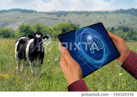 Using Artificial Intelligence for data analysing and herd management. Smart farming concept. Using Artificial Intelligence for data analysing and herd management. Smart farming concept. 140183336