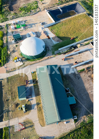 Aerial view of biogas plant for biomethane production Aerial view of biogas plant for biomethane production 140183337