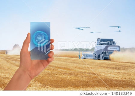 Farmer controls autonomous agricultural machines with Artificial Intellingence technology. Smart farming concept Farmer controls autonomous agricultural machines with Artificial Intellingence technology. Smart farming concept 140183349