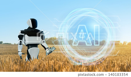Autonomous robot with Artificial intellingence works on an agricultural field. Smart farming concept Autonomous robot with Artificial intellingence works on an agricultural field. Smart farming concept 140183354