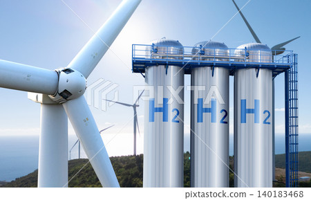 Hydrogen factory with energy storage concept. Green hydrogen production from renewable energy sources. Hydrogen factory with energy storage concept. Green hydrogen production from renewable energy sources. 140183468