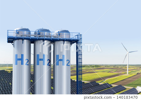 Green hydrogen factory concept. Hydrogen production from renewable energy sources. Green hydrogen factory concept. Hydrogen production from renewable energy sources. 140183470
