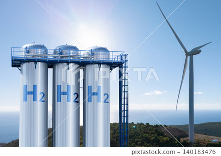 Green hydrogen factory concept. Hydrogen production from renewable energy sources. 140183476