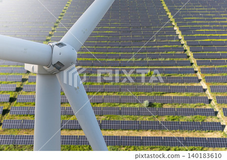 Solar panels and wind turbine. Sustainable energy 140183610