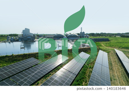 Aerial view of biogas plant using renewable energy for biomethane production. Aerial view of biogas plant using renewable energy for biomethane production. 140183646