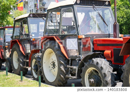 Farmers blocked traffic with tractors during a protest. Farmers blocked traffic with tractors during a protest. 140183808