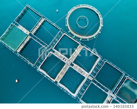 Aerial view of a fish farm located in a calm coastal bay, with floating cages arranged on the water surface. Aerial view of a fish farm located in a calm coastal bay, with floating cages arranged on the water surface. 140183833