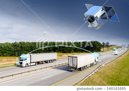 Satellite fleet tracking concept. Real-time monitoring of vehicles Satellite fleet tracking concept. Real-time monitoring of vehicles 140183895