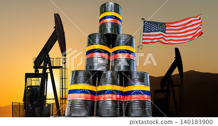 Oil barrels with Venezuela oil and USA flag on a background of oil rigs Oil barrels with Venezuela oil and USA flag on a background of oil rigs 140183900