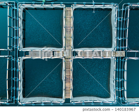 Aerial view of a fish farm located in a calm coastal bay, with floating cages arranged on the water surface. Aerial view of a fish farm located in a calm coastal bay, with floating cages arranged on the water surface. 140183967