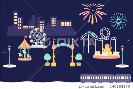 Background illustration of a nighttime amusement park and cityscape illuminated by fireworks. 140184379