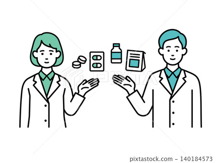 Male and female pharmacists explaining medications Male and female pharmacists explaining medications 140184573