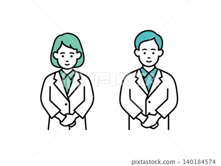 A male and female pharmacist bowing. A male and female pharmacist bowing. 140184574