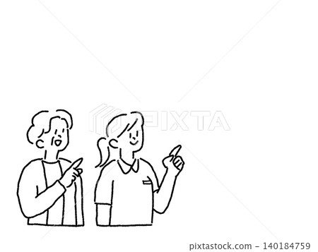 一幅插圖(線條畫),描繪了一位女性護理員/護士和一位指向右側的老婦人。 一幅插圖(線條畫),描繪了一位女性護理員/護士和一位指向右側的老婦人。 140184759