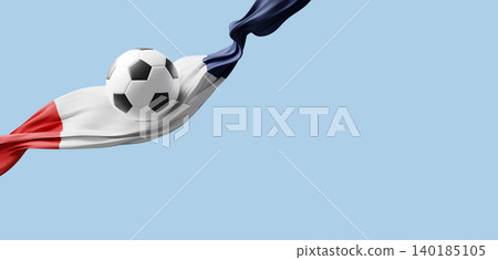 Football with french flag ribbon flowing isolated on light blue background with copy space 3D render Football with french flag ribbon flowing isolated on light blue background with copy space 3D render 140185105