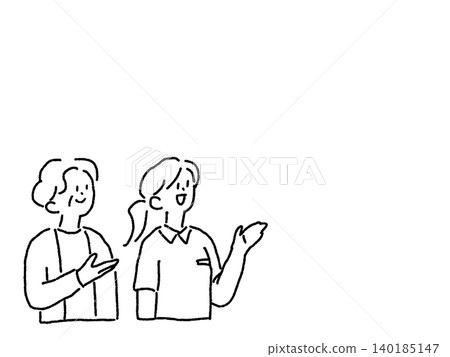 An illustration (line drawing) of a caregiver (nurse) and an elderly woman guiding someone while looking in the same direction. 140185147
