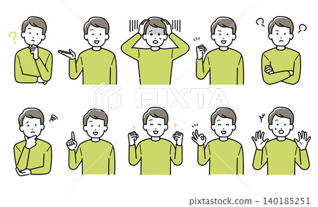 Illustrations of a young man with various expressions and poses. 140185251
