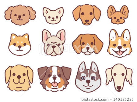 A set of illustrations of various dog faces, including Chihuahuas, Toy Poodles, Shiba Inus, French Bulldogs, Corgis, Golden Retrievers, Huskies, and more. 140185255