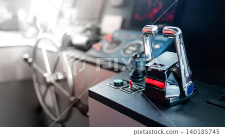 Throttle control on modern boat dashboard with navigation system and radar monitor system 140185745