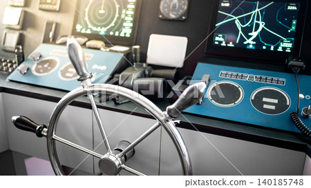 Wheelhouse steering with digital dashboard of GPS navigation monitor, marine radar system Wheelhouse steering with digital dashboard of GPS navigation monitor, marine radar system 140185748