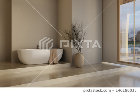 White tub with towel draping and flower vase on marble steps raised floor in modern luxury bathroom. White tub with towel draping and flower vase on marble steps raised floor in modern luxury bathroom. 140186033