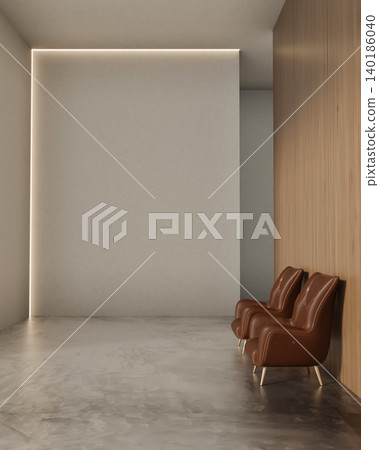 Brown leather sofa chairs on grey cement stone floor in hallway corridor in waiting zone of building Brown leather sofa chairs on grey cement stone floor in hallway corridor in waiting zone of building 140186040