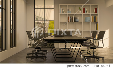 Black table and swivel chairs beside white bookshelf and glass wall of meeting room in modern office Black table and swivel chairs beside white bookshelf and glass wall of meeting room in modern office 140186041
