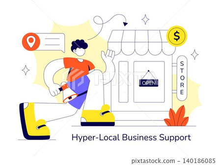 Hyper Local Business Support Vector Illustration Featuring Small Business Promotion, Community Commerce, Local Store Marketing, and Digital Outreach Hyper Local Business Support Vector Illustration Featuring Small Business Promotion, Community Commerce, Local Store Marketing, and Digital Outreach 140186085