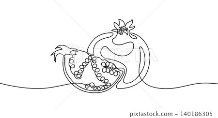 Continuous line drawing of pomegranate. Minimalist black linear sketch isolated on white background. Hand drawn vector illustration. Continuous line drawing of pomegranate. Minimalist black linear sketch isolated on white background. Hand drawn vector illustration. 140186305