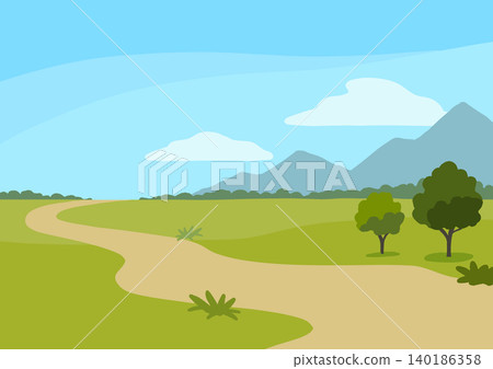 A simple landscape illustration of a hill with a view of mountains, suitable for hiking and other outdoor activities. 140186358