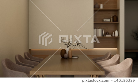 Book and vases on wooden table and curved chairs beside recessed shelf in modern living room or cafe Book and vases on wooden table and curved chairs beside recessed shelf in modern living room or cafe 140186359