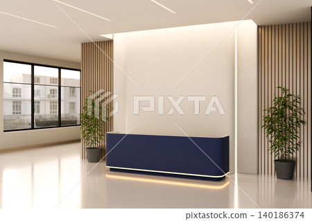 Blue register reception front desk counter and bamboo pots on shiny white floor in building corridor Blue register reception front desk counter and bamboo pots on shiny white floor in building corridor 140186374