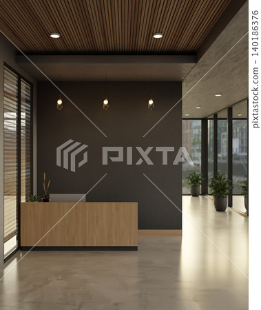 Wooden reception counter on marble floor in front of black wall with hanging lamp in modern building 140186376