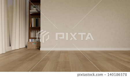 Wooden shelf an storage box on parquet floor in corner between white wall and curtain in modern room Wooden shelf an storage box on parquet floor in corner between white wall and curtain in modern room 140186378