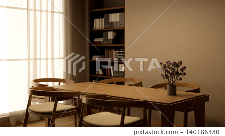Wooden table with flower pot and chairs beside bookshelf and sunlight through curtain in living room Wooden table with flower pot and chairs beside bookshelf and sunlight through curtain in living room 140186380