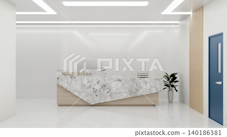Marble registration reception counter in shiny white room with blue door in academy club building. Marble registration reception counter in shiny white room with blue door in academy club building. 140186381