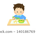 An illustration of a child practicing using chopsticks. 140186769