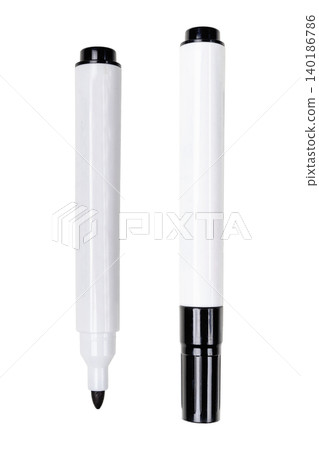 Two black dry erase markers, one capped and one uncapped, isolated on a solid white background Two black dry erase markers, one capped and one uncapped, isolated on a solid white background 140186786